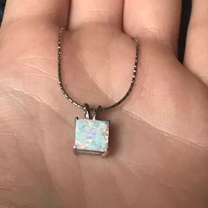 Square cut white fire opal necklace